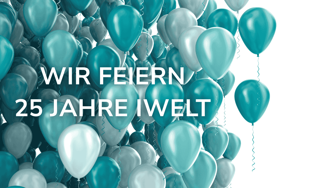 Luftballons im Hintergrund mit Schriftzug im Vordergrund: 25 Jahre iWelt