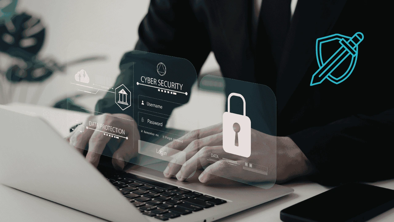 Mann tippt auf auf Laptop mit Securtiy Icons